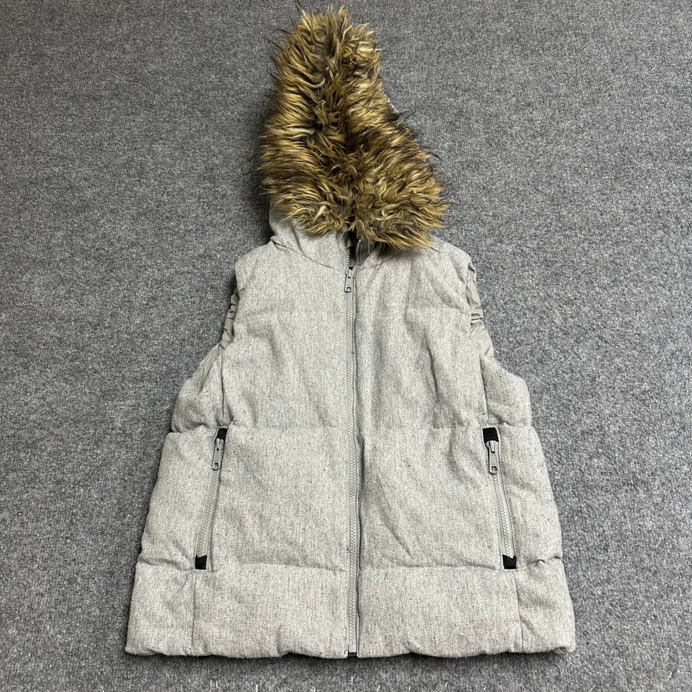 Gap Puffer Vest Womens Size M Gray Wool Blend Faux Fur Hood Down Filled Warm